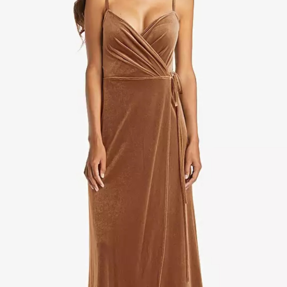 Dessy Group Velvet Wrap Maxi Dress with Pockets in Golden Almond